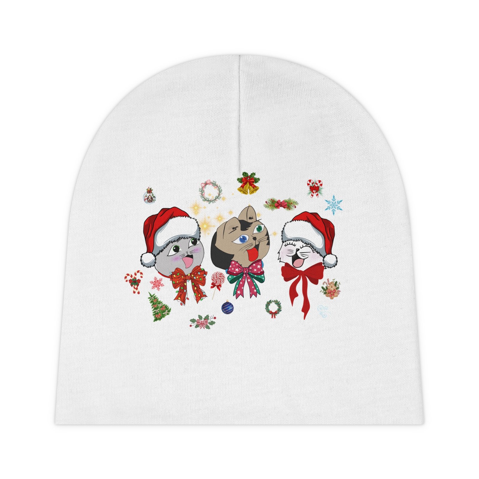 White Beanie Hat for Babies with Nekko, Missy, and Joelito Design, Perfect for Christmas, Baby Beanie, Infant Cap, Toddler, Newborn Beanie,