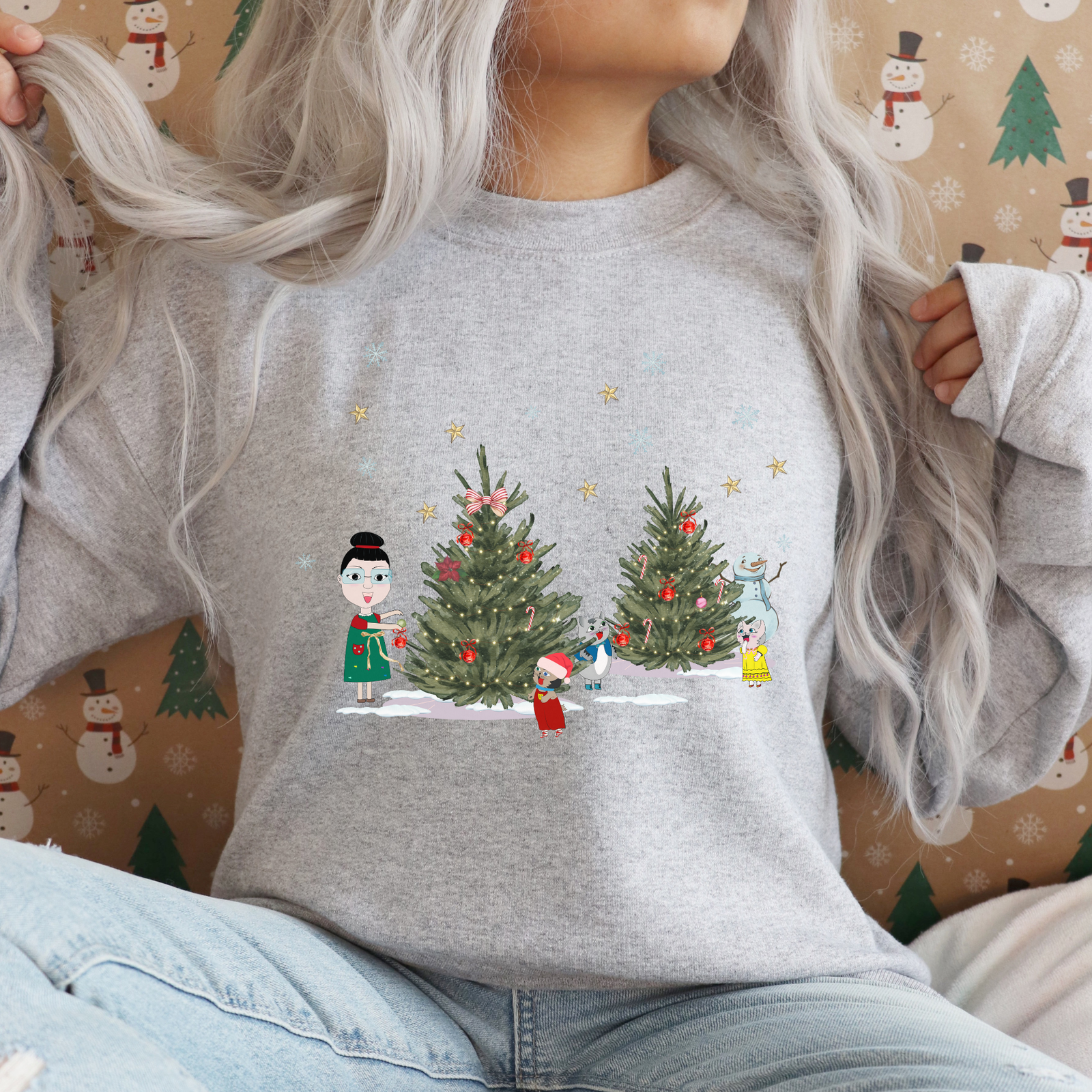Christmas Adventures Crewneck Sweatshirt – Nekko, Grandma, Missy, Joelito, Snow, Stars, Snowflakes, Holiday Gift, Winter Apparel
