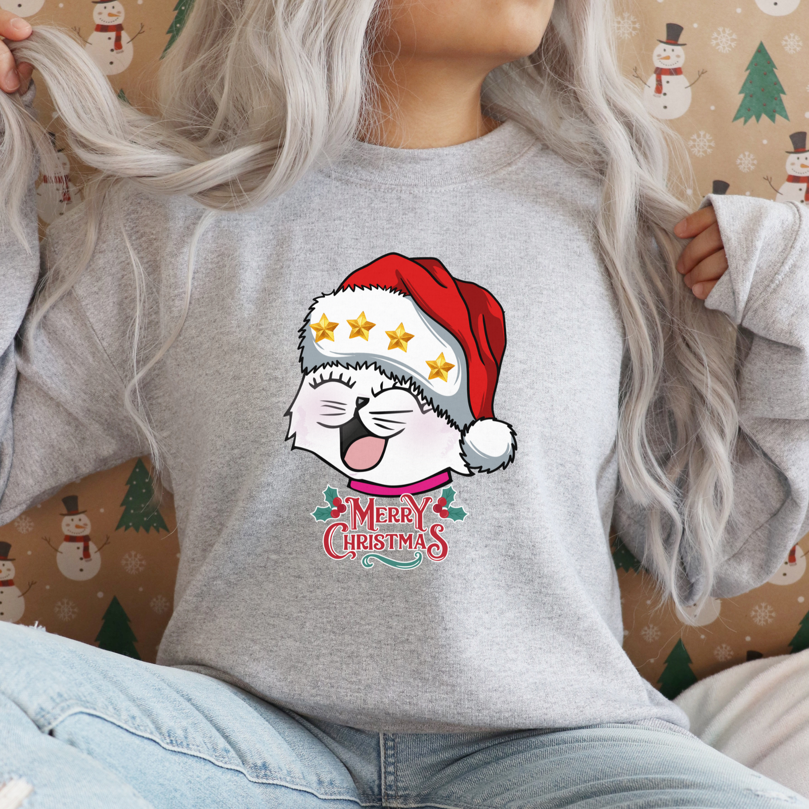 Christmas Missy Head Unisex Sweatshirt,  Hat with Stars, Festive Crewneck Jumper, Holiday Pullover, Winter Top, Xmas Clothing