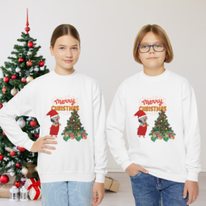 Christmas Youth Sweatshirt, Nekko's Xmas Tree Gift Box, Holiday Crewneck Jumper, Festive Kids Pullover, Winter Clothing for Children