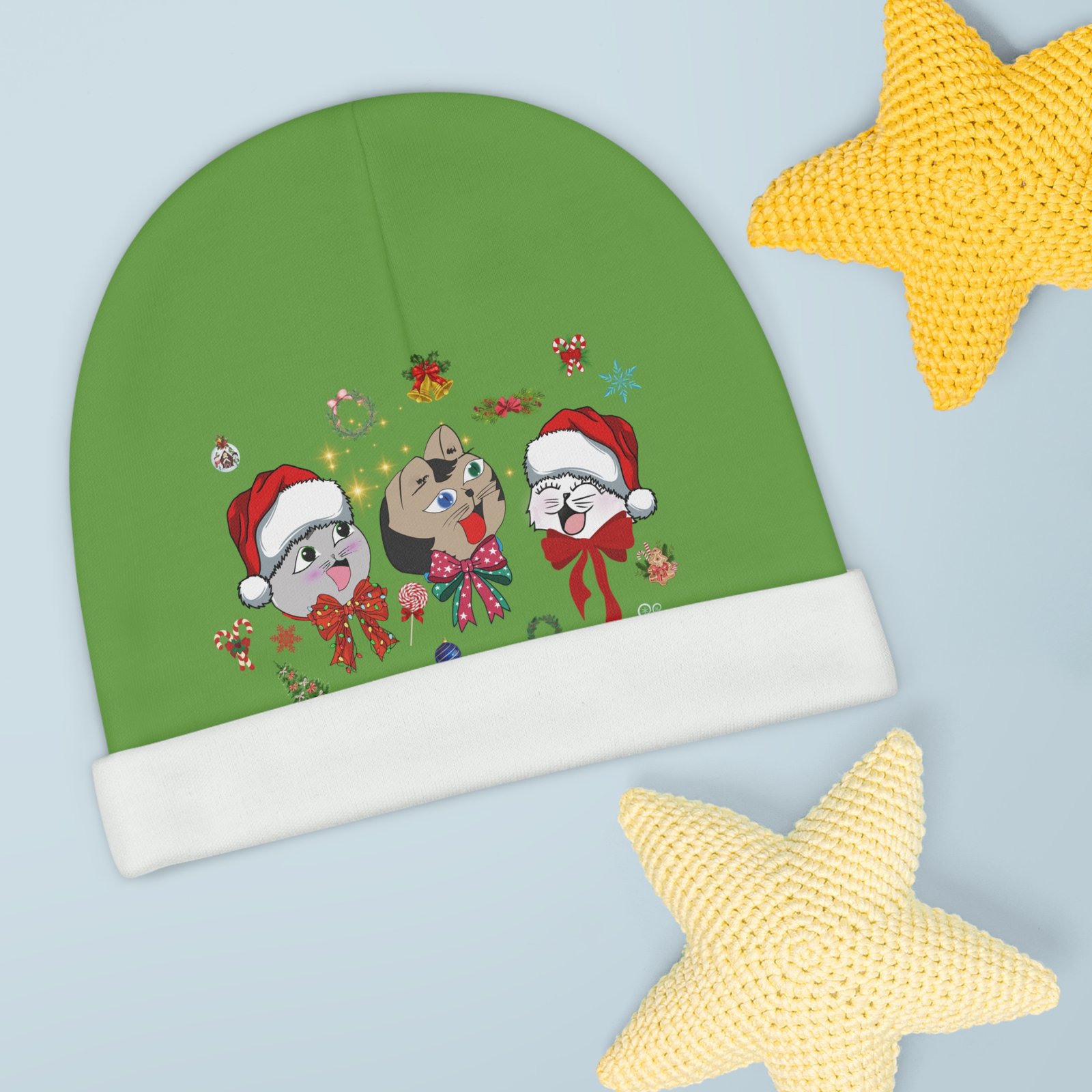 Green Beanie Hat for Babies with Nekko, Missy, and Joelito Design, Perfect for Christmas, Baby Beanie, Infant Cap, Toddler, Newborn Beanie,