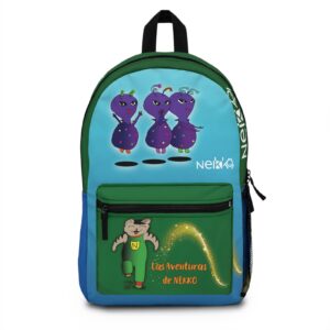 Back to School with Nekko, Nekko School bag, mochila para la escuela con imágenes del cuento de nekko, Green color