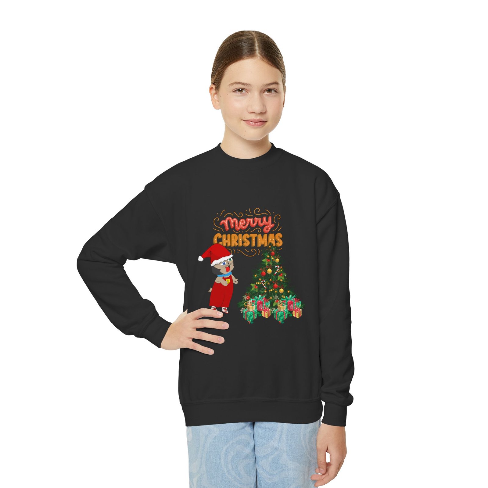 Christmas Youth Sweatshirt, Nekko’s Xmas Tree Gift Box, Holiday Crewneck Jumper, Festive Kids Pullover, Winter Clothing for Children