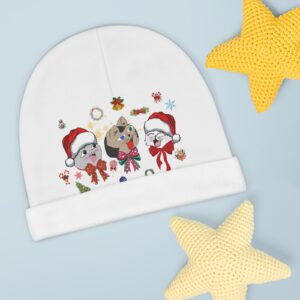 White Beanie Hat for Babies with Nekko, Missy, and Joelito Design, Perfect for Christmas, Baby Beanie, Infant Cap, Toddler, Newborn Beanie,
