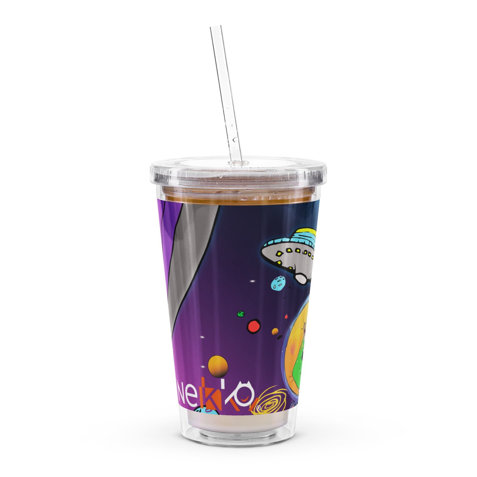 Vaso de plástico transparente NEKKO, Vaso de las aventuras de Nekko y los Jupitianos